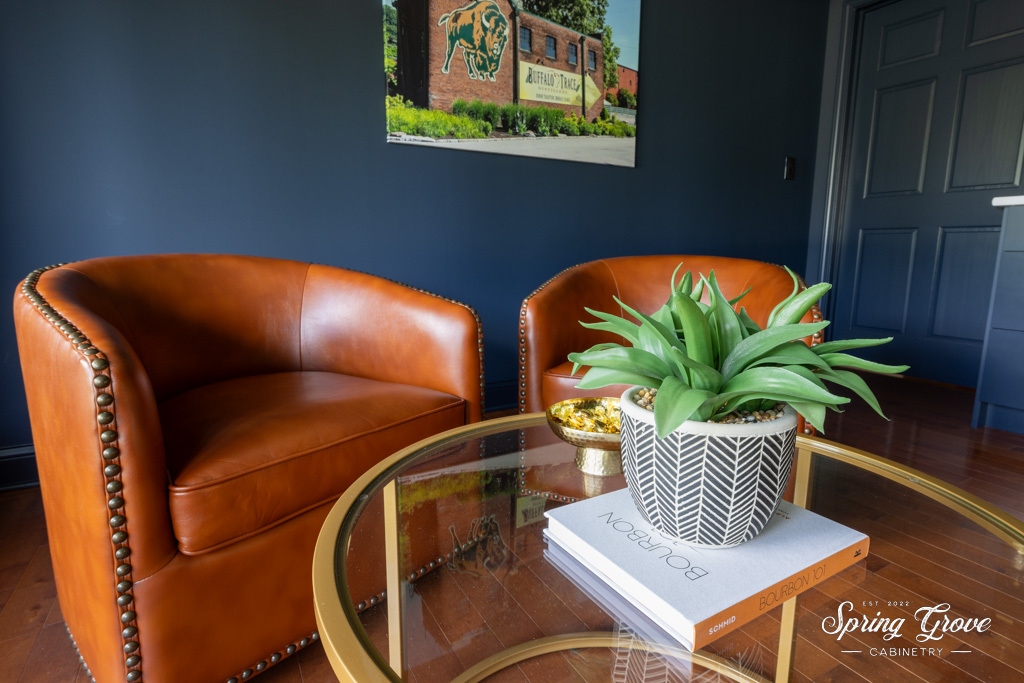 This lovely sitting area is the perfect spot to enjoy a sip of bourbon while the buffalo watches over you.