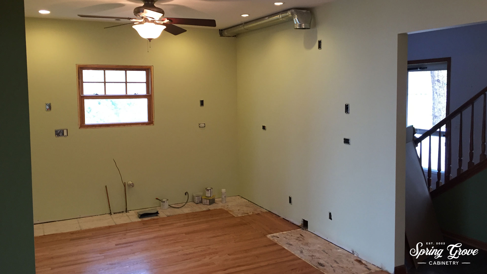 Plumbing, HVAC, electrical, drywall, and painting are completed and ready for cabinets