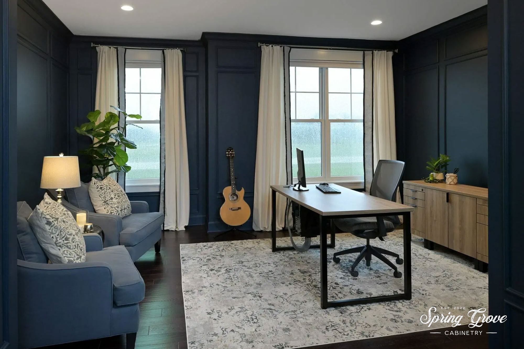 Stunning office with a framed wall detail.