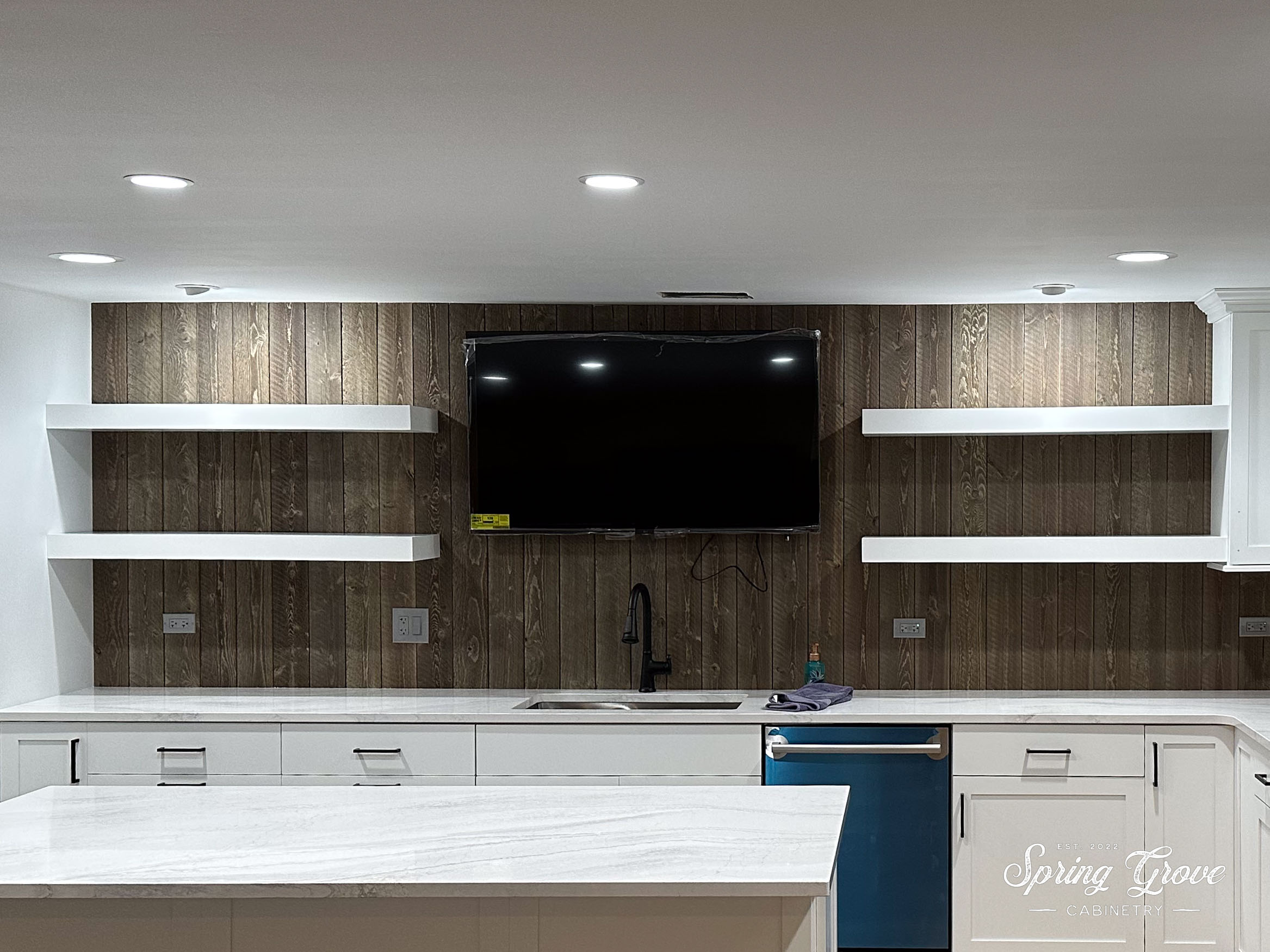 Open shelves to display sports memorabilia.