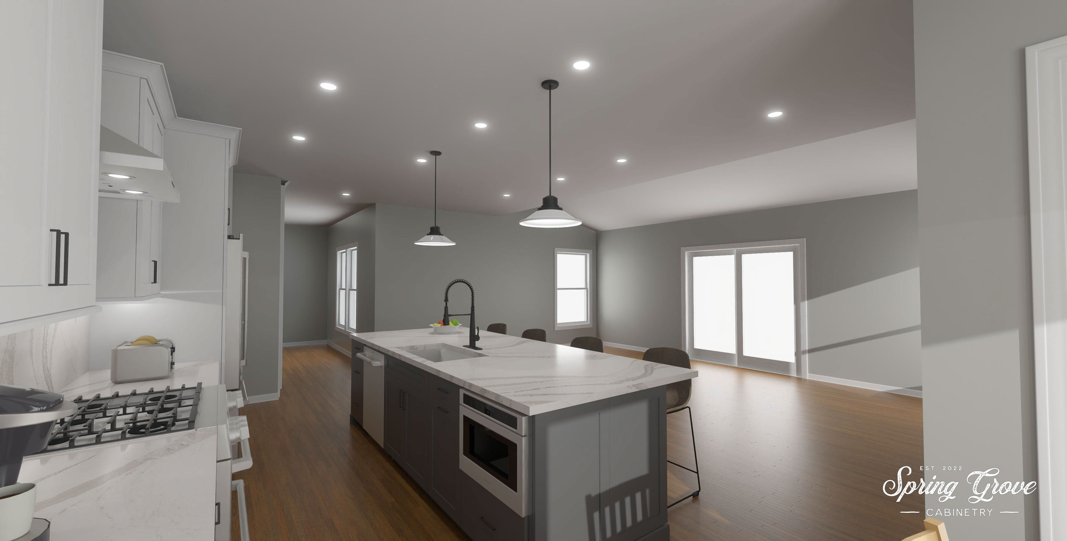 Rendering of the new kitchen. View of island cabinets.